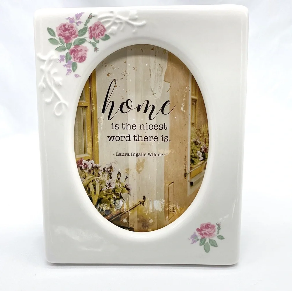 Hallmark Vintage White Ceramic Picture Frame Rose Details Oval Cutout